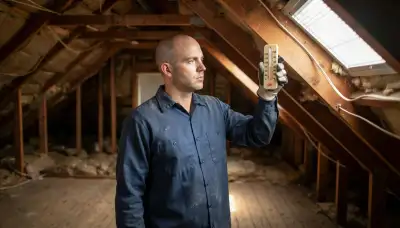Electrician measures attic heat with a thermometer during attic fan assessment in New Orleans, LA