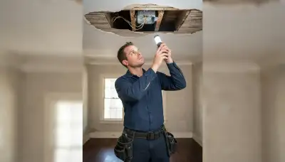 New Orleans, LA electrician inspecting an exposed ceiling box for safe ceiling fan installation support