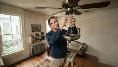 New Orleans electrician tests a ceiling fan pull-chain switch with a multimeter during fault diagnosis