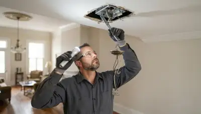 Electrician inspects ceiling box and support brace for chandelier installation in New Orleans, LA