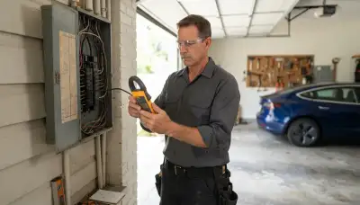 New Orleans electrician uses a clamp meter for EV charger load calculation at an electrical panel
