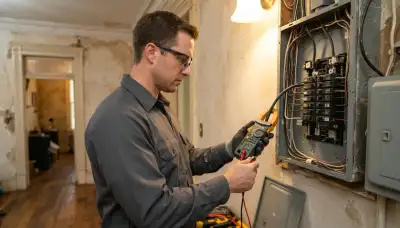 New Orleans electrician measures breaker panel load with a clamp meter for an electric heater circuit
