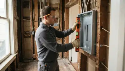 Electrician leveling a new electrical panel enclosure during rough-in installation in a New Orleans, LA home