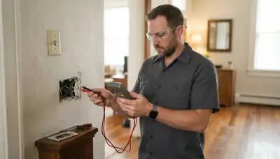 New Orleans electrician testing a de-energized outlet with a multimeter during circuit fault diagnosis
