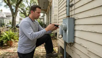 Electrician inspecting a home's service entrance, meter base, and weatherhead in New Orleans, LA