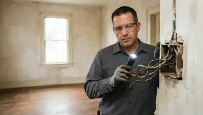 New Orleans electrician inspecting aged wiring insulation with a flashlight during an electrical wiring assessment