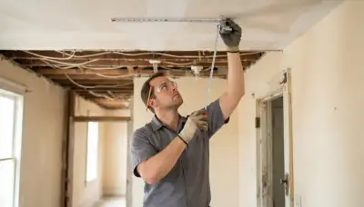 Technician measuring ceiling placement for fire alarm devices in a New Orleans, LA home