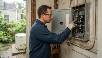 Electrician assessing critical circuits in an open load center for generator installation in New Orleans, LA