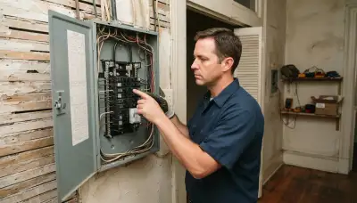 New Orleans electrician assesses an open breaker panel for unprotected GFCI circuits in kitchen and bathroom wiring