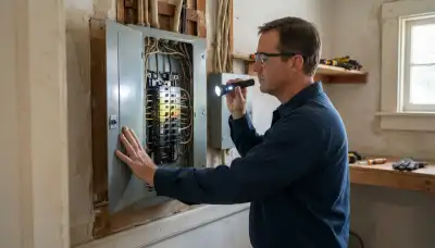 Electrician inspecting a home's electrical panel and breakers during a New Orleans, LA electrical inspection