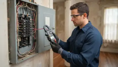 Technician uses a clamp meter at an open electrical panel during a New Orleans, LA home energy audit