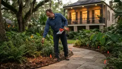 Electrician staking low-voltage landscape lighting along a walkway in New Orleans, LA