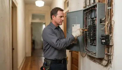 Licensed electrician inspecting a home's electrical panel with a voltage tester in New Orleans, LA