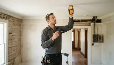 Electrician in New Orleans, LA using a stud finder to mark ceiling locations for lighting installation