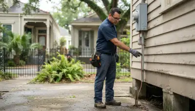 New Orleans, LA electrician traces grounding conductor from meter to ground rod during lightning exposure assessment