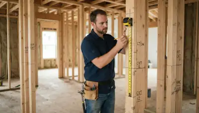 Electrician marking circuit runs and outlet heights on open framing for New Orleans, LA new construction wiring