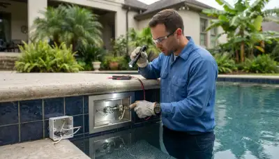 Electrician inspecting pool light bonding connection for safe installation in New Orleans, LA