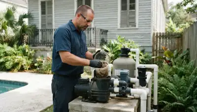 Electrician inspecting a pool pump strainer basket and shaft seal in New Orleans, LA
