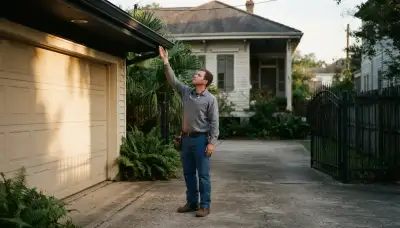 Electrician marks a garage eave for security light installation at a New Orleans, LA home