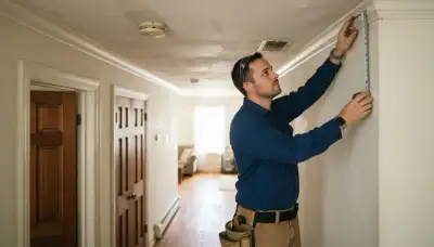 Electrician measures smoke detector placement on a hallway ceiling in a New Orleans, LA home