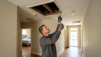 Electrician measures hallway ceiling joists for whole-house fan installation in New Orleans, LA
