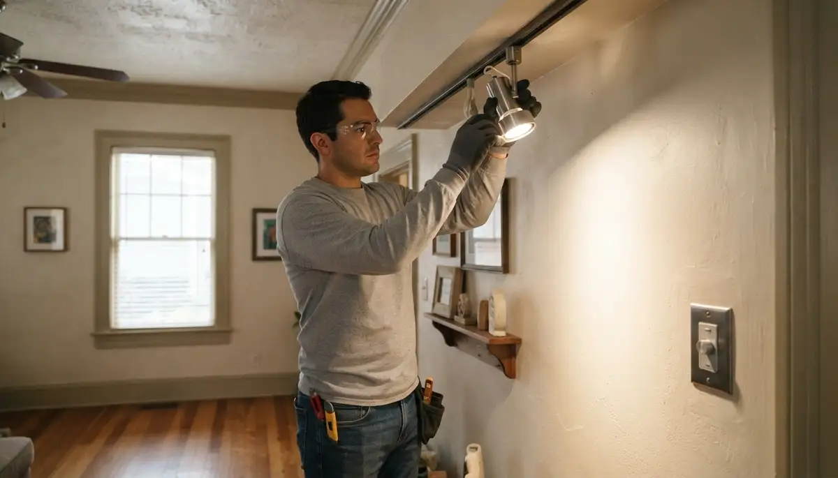 Electrician tests and aims a newly installed light fixture in a New Orleans, LA home