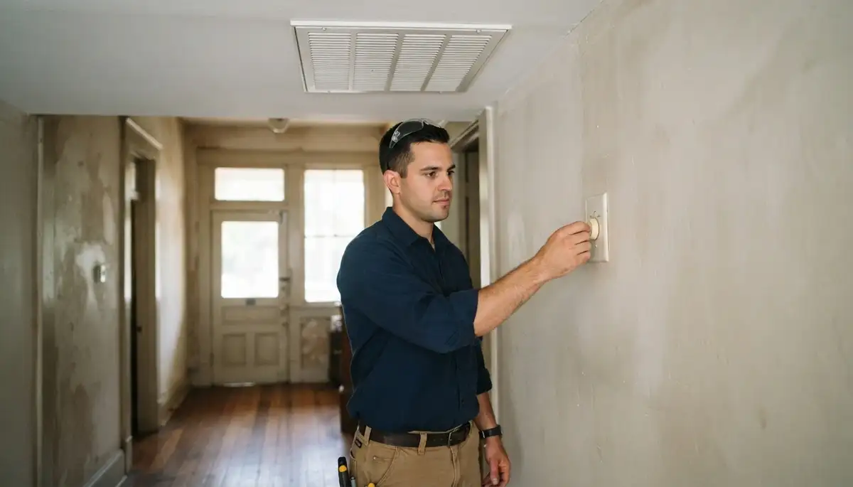 Electrician adjusts whole-house fan wall control to verify airflow in a New Orleans, LA home