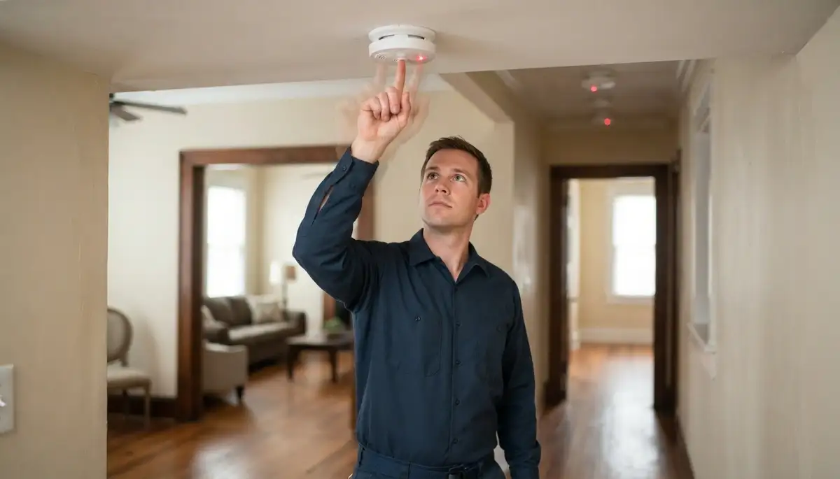 New Orleans, LA electrician tests an interconnected ceiling-mounted smoke detector system