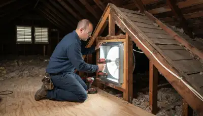 Electrician secures an attic fan frame in a New Orleans, LA gable wall with a drill