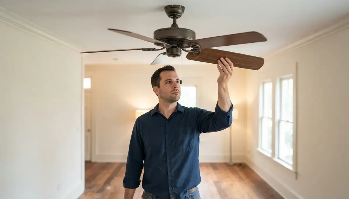 New Orleans electrician verifies ceiling fan blade balance and secure ceiling mounting after installation