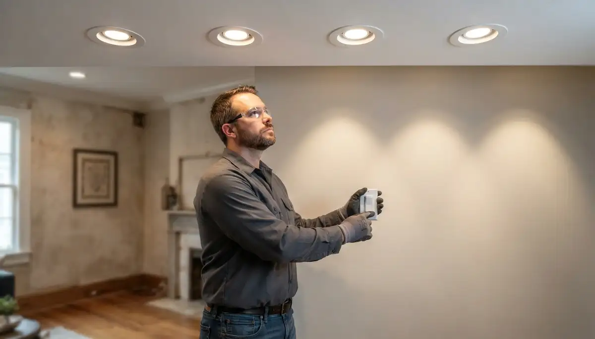 Electrician tests recessed lighting beam coverage and dimmer in a New Orleans, LA home