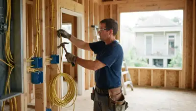 Electrician installing electrical boxes and cable during New Orleans, LA new construction rough-in