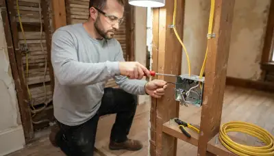 New Orleans, LA electrician routing cable and terminating wires at an electrical box during wiring installation