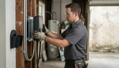 Electrician installs an EV charger and dedicated circuit conduit in a New Orleans, LA garage