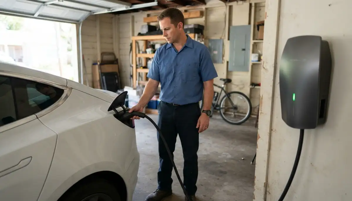 New Orleans, LA electrician verifies EV charger during a live vehicle charging session
