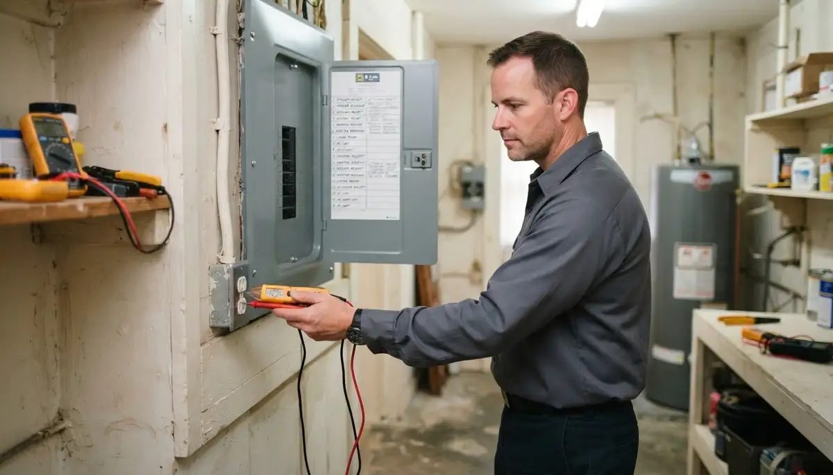 Electrician tests and labels circuits during an electrical panel upgrade in New Orleans, LA