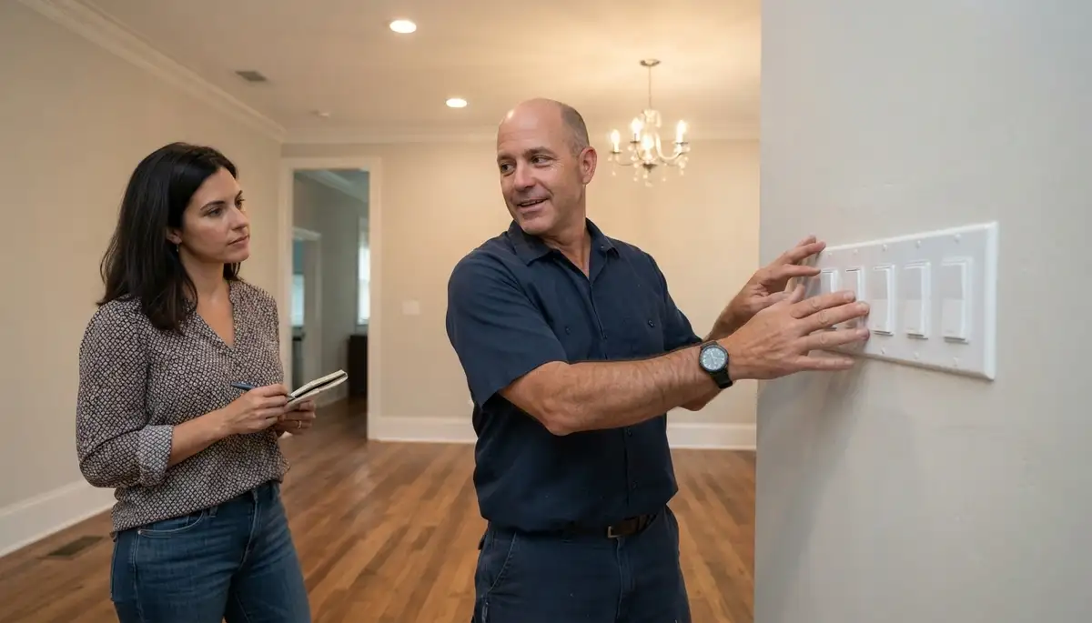 New Orleans electrician demonstrates completed lighting fixtures and dimmer controls to a homeowner during a walkthrough