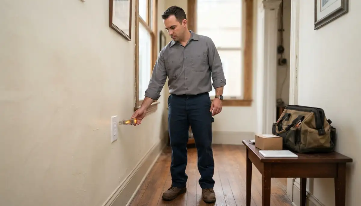 New Orleans electrician uses a circuit tester to verify completed electrical repairs in a home