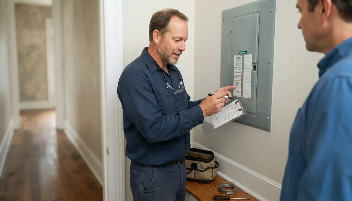 Licensed electrician reviews a labeled circuit directory with a New Orleans homeowner at an electrical panel
