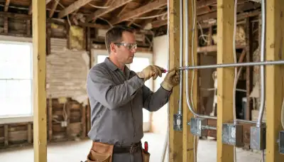 Electricians fastening conduit and electrical boxes to wall framing in a New Orleans, LA home