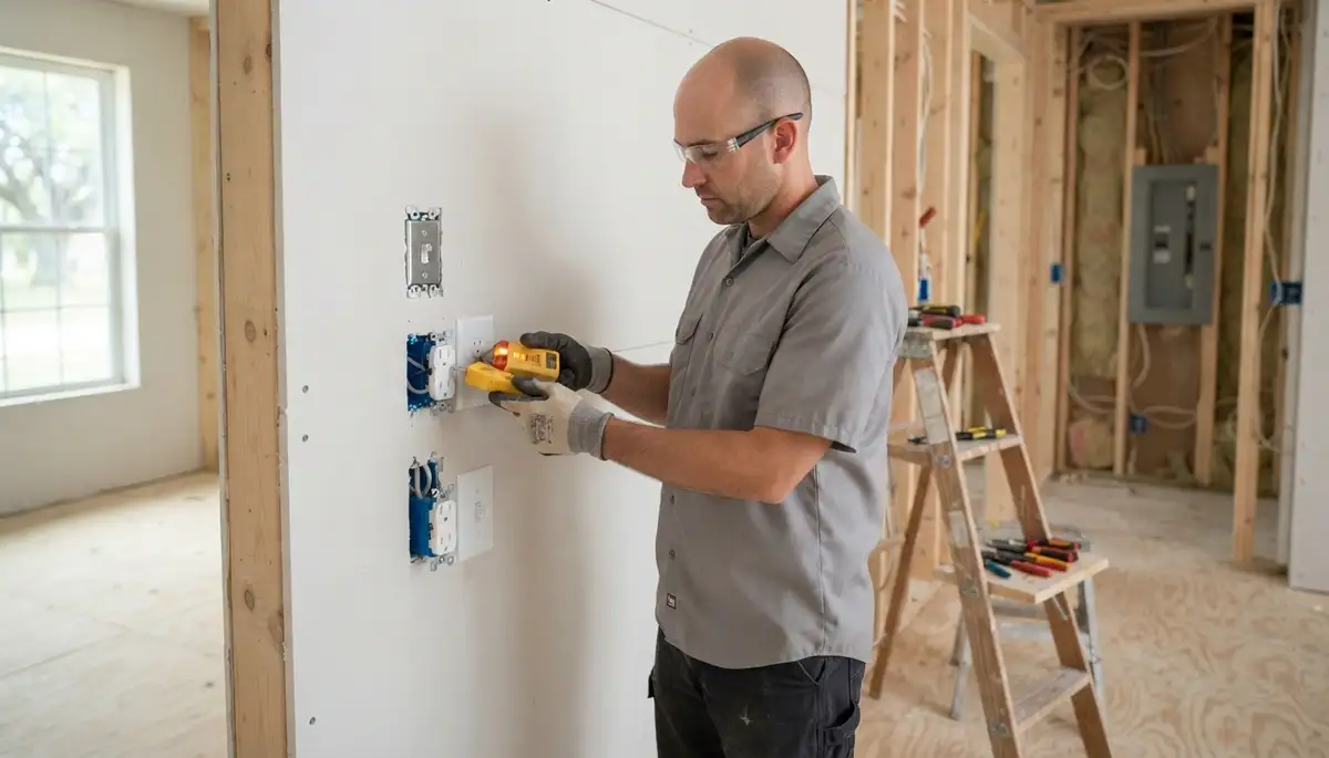 New Orleans electrician installing receptacles and switches, testing circuits in a new construction home