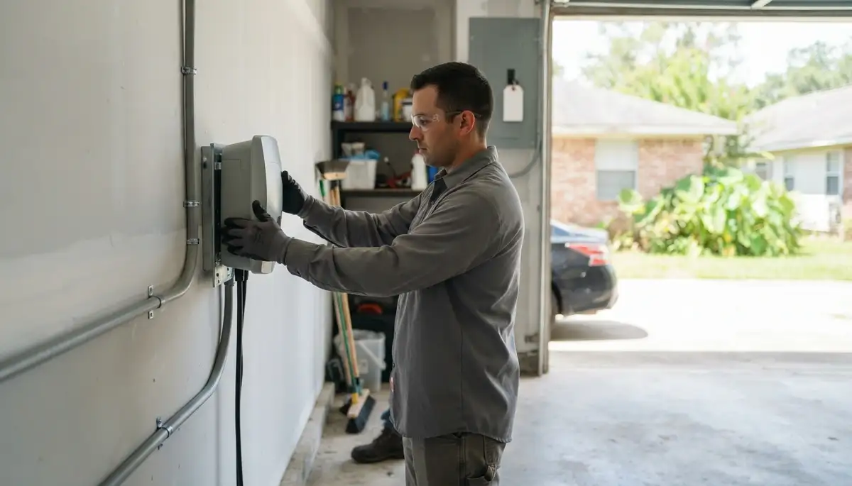 Electrician installing a home EV charger with a dedicated circuit in Barataria, LA near New Orleans