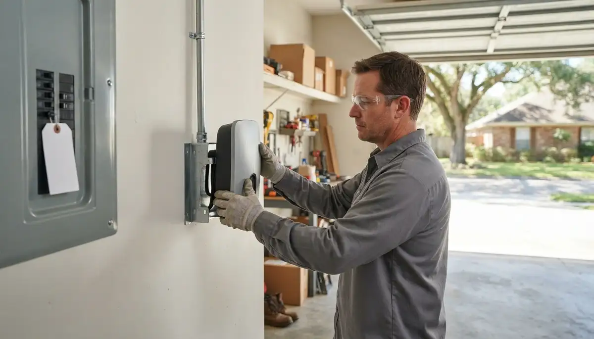 240-volt electric vehicle charger installation by an electrician in a Harahan, LA garage