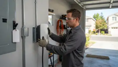 Electrician installing an EV charger on a garage wall in Violet, LA