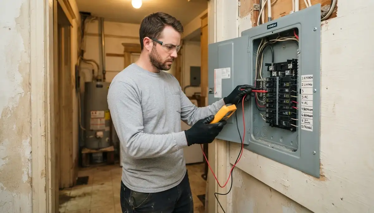 New Orleans electrician tests voltage and polarity on branch circuits after electrical panel installation