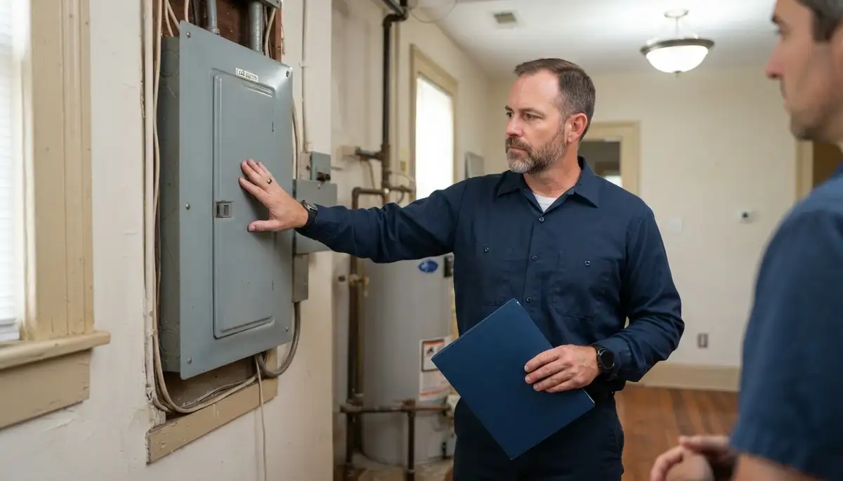 New Orleans electrician presents prioritized home energy audit findings beside an electrical panel