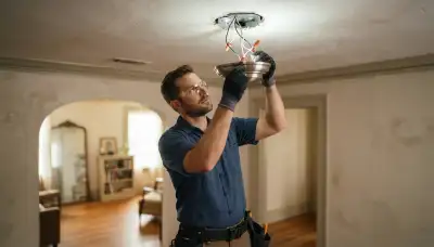 Electrician installs a ceiling lighting fixture in a New Orleans, LA home