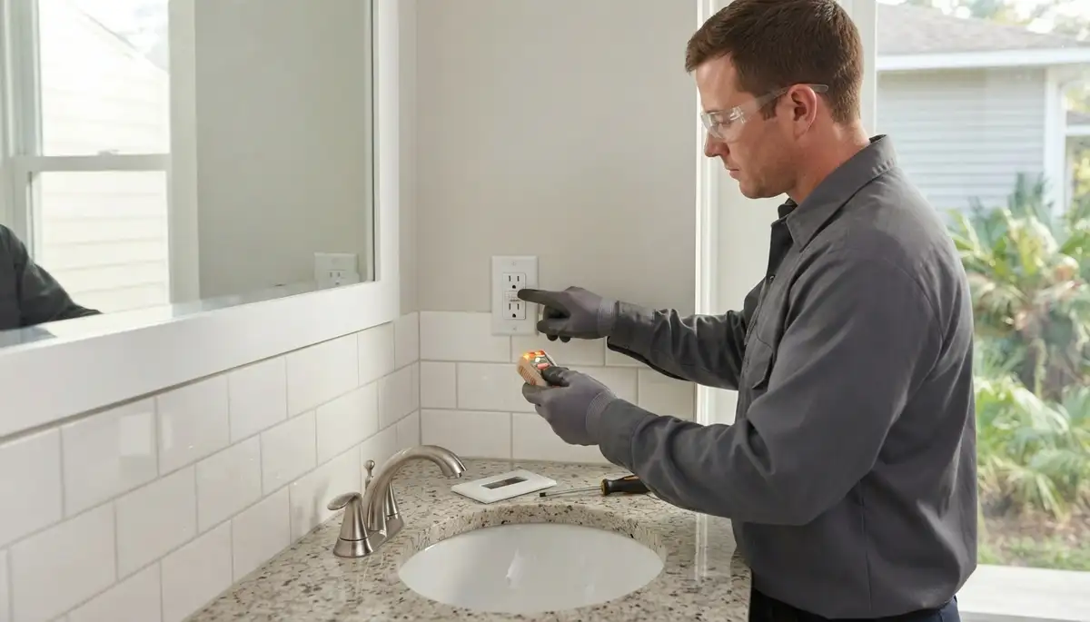 Electrician installing a GFCI outlet near a sink in a Harvey, LA home