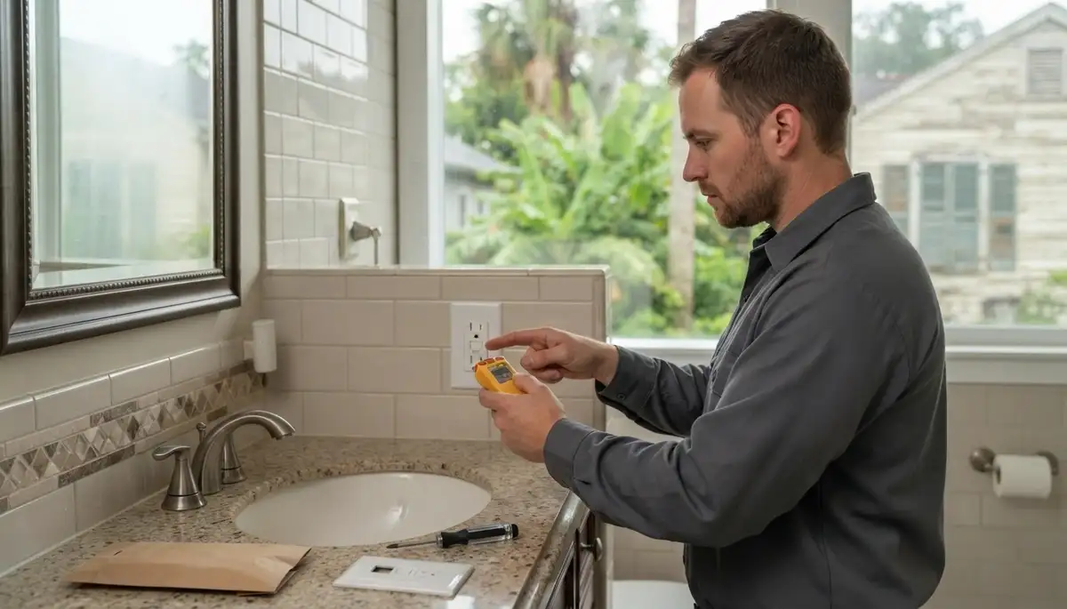 Electrician installing a GFCI outlet in a wet-area bathroom in Marrero, LA