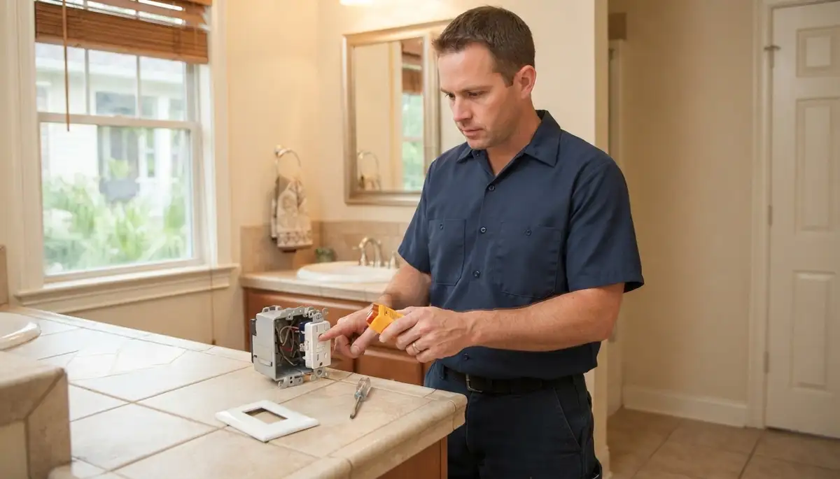 Electrician installs a GFCI outlet for bathroom ground-fault protection in a Westwego, LA home